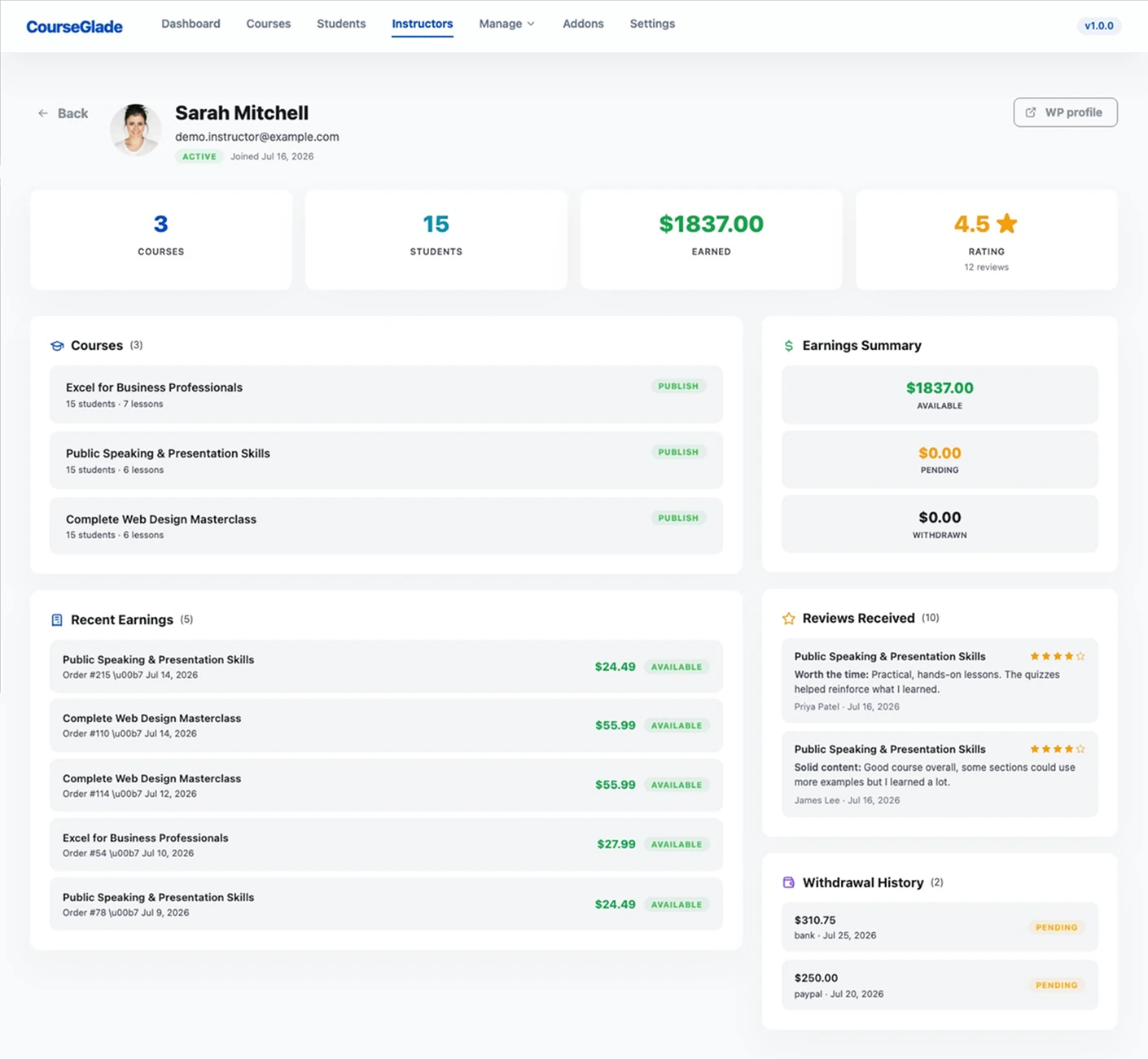 Instructor detail page with earnings