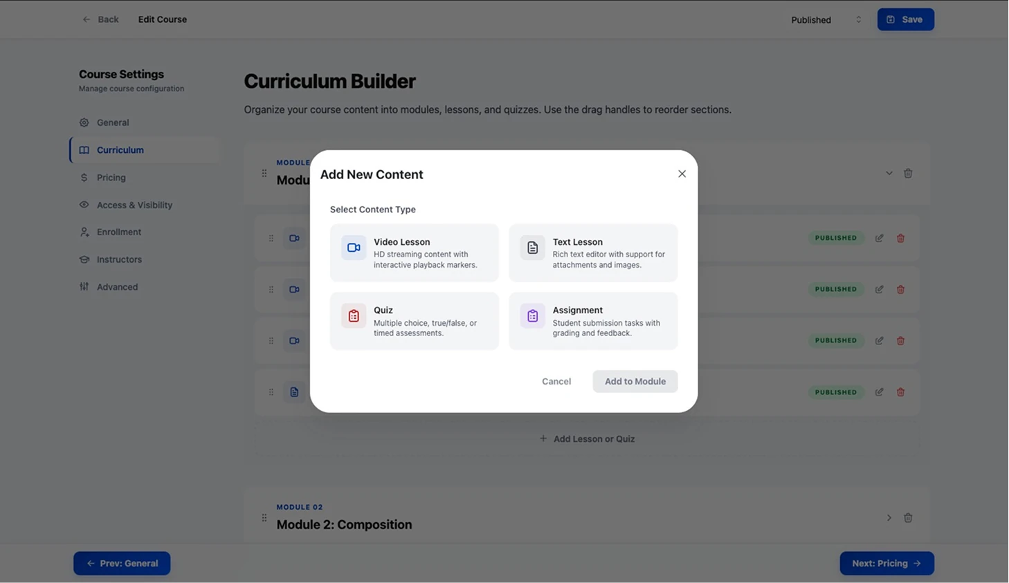 Add New Content dialog over the curriculum builder, offering Video Lesson, Text Lesson, Quiz and Assignment as selectable content types with Cancel and Add to Module buttons