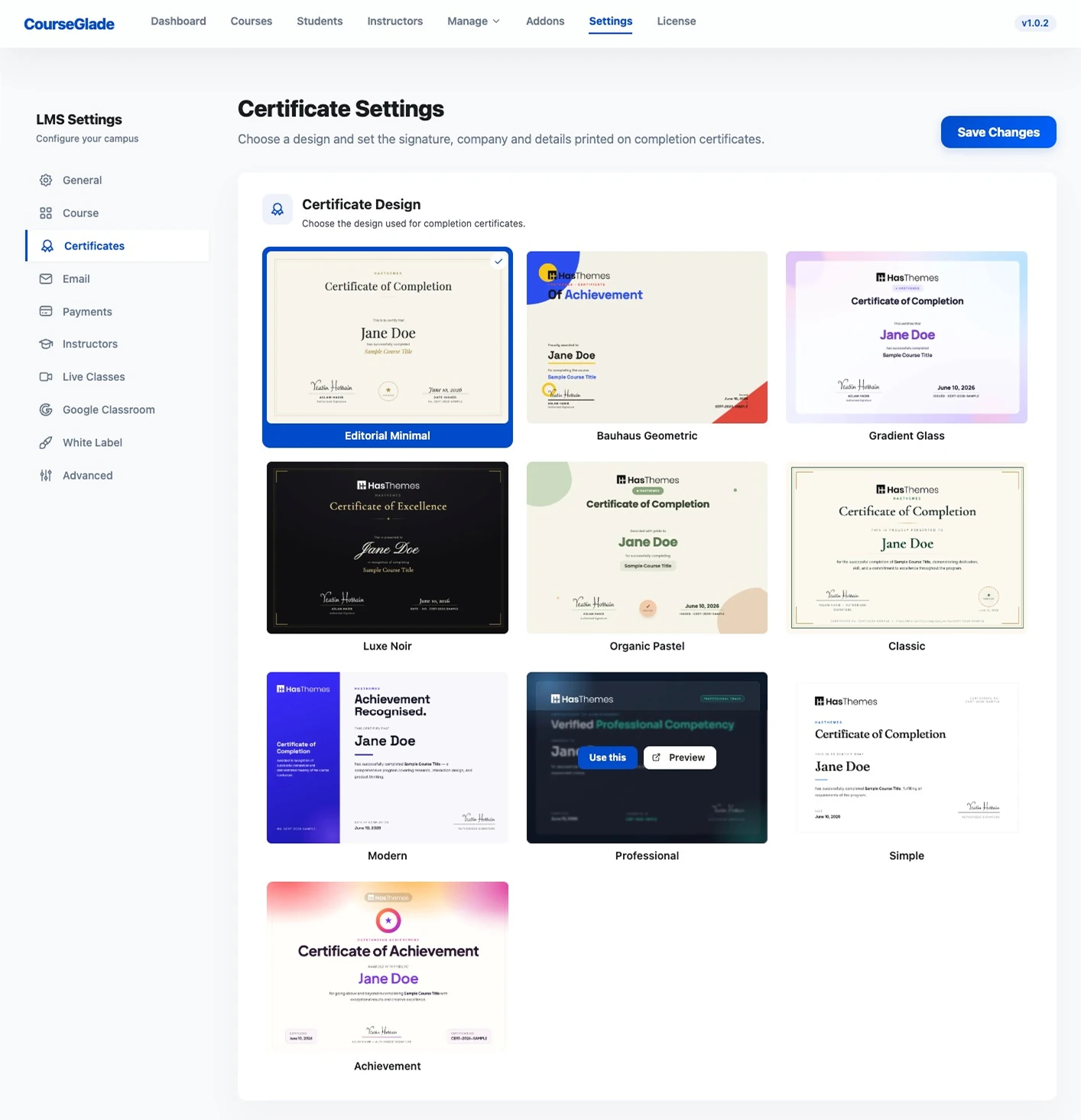 Certificate Settings showing a gallery of ten certificate design thumbnails, the selected one outlined and labelled, and a hovered card revealing Use this and Preview buttons