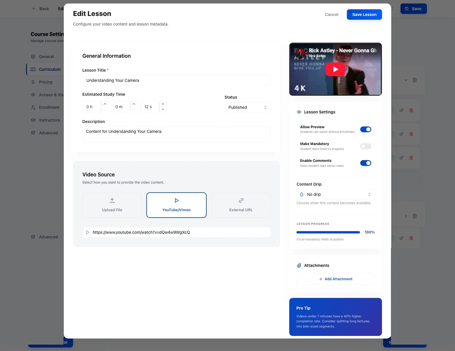 Video Lesson Editor with title, estimated study time and description on the left, the Upload File / YouTube-Vimeo / External URL source picker below, and Lesson Settings toggles plus attachments in the right sidebar