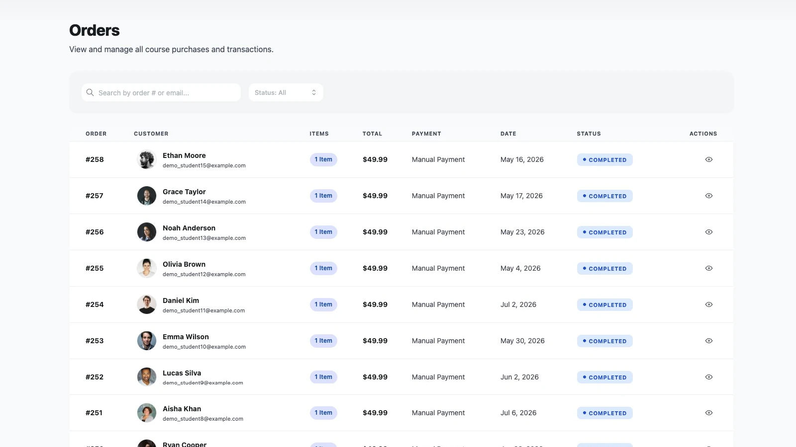 Orders list with a search box and status filter above a table of orders showing number, customer name and email, item count, total, payment method, date and status badge
