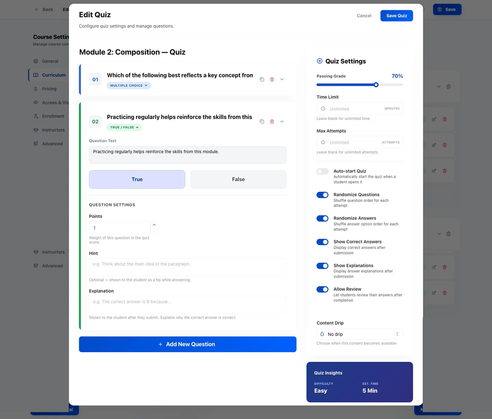 Quiz editor listing questions by type with an expanded True / False question showing points, hint and explanation fields, beside a Quiz Settings panel of passing grade, time limit, max attempts and toggles