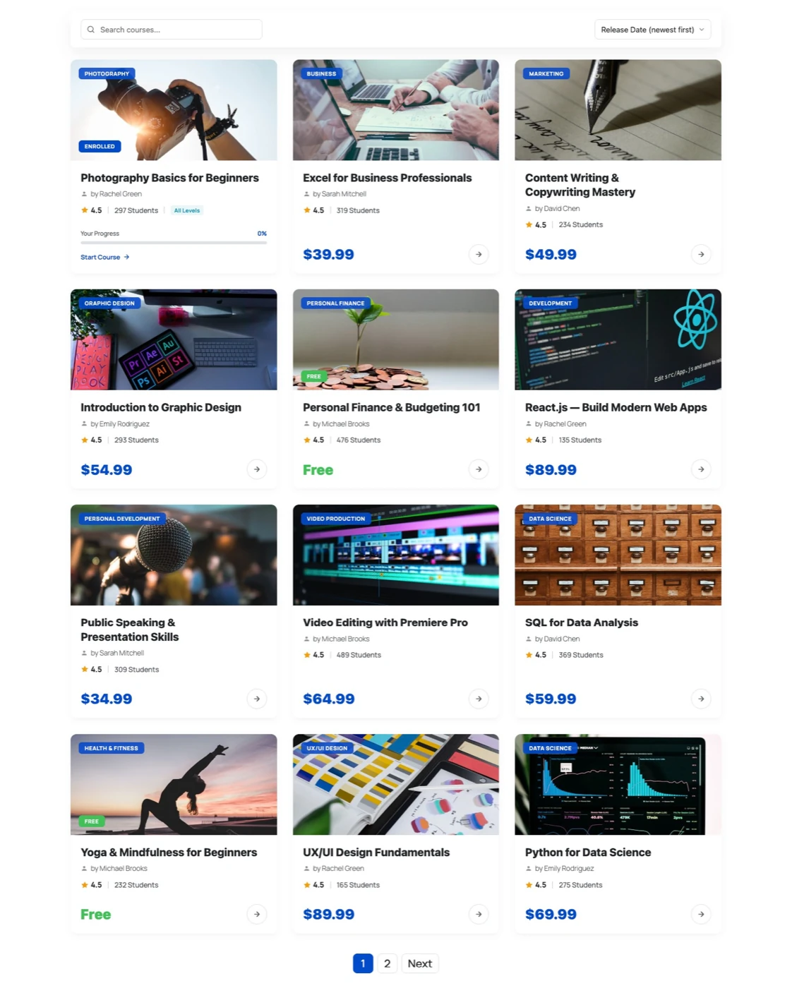 Front-end course catalog with a search box and sort dropdown above a three-column grid of course cards showing category badge, title, instructor, rating, student count and price