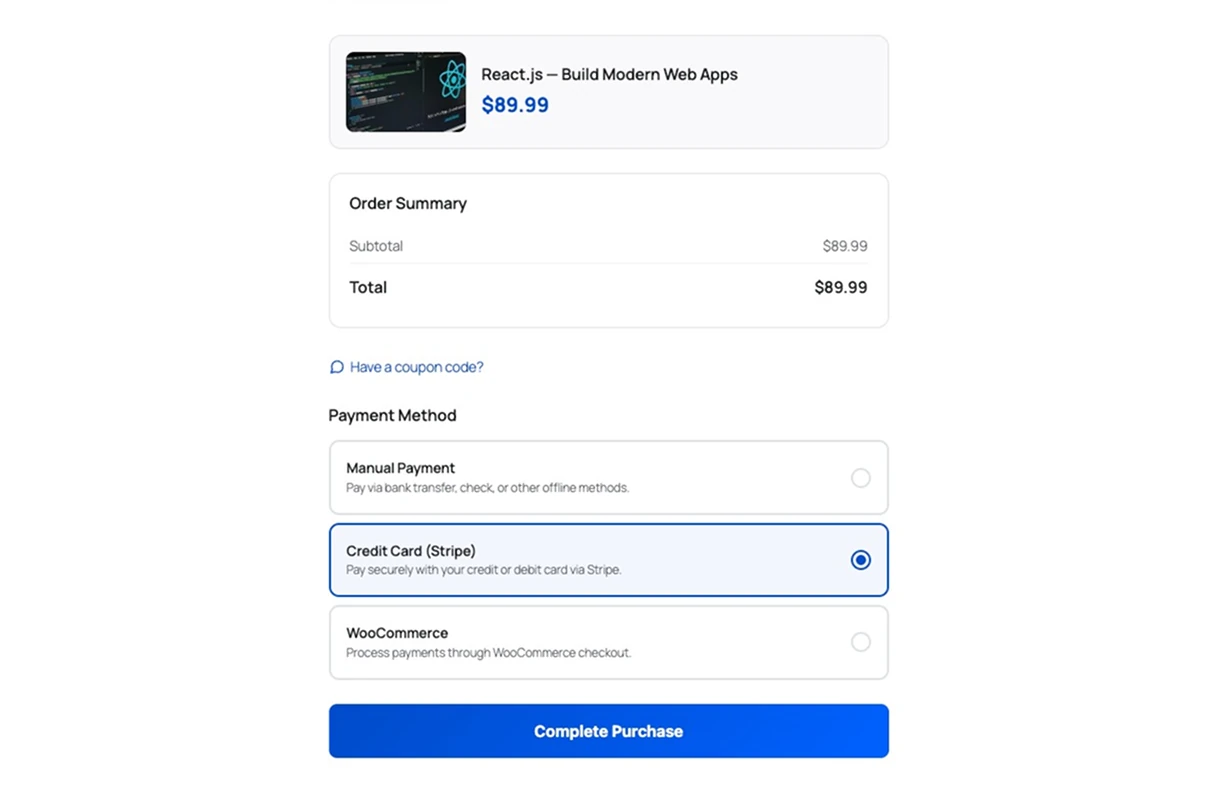 Course checkout showing the course and price, an order summary, a coupon code link, and a payment method list with Manual Payment, Credit Card (Stripe) selected, and WooCommerce, above a Complete Purchase button