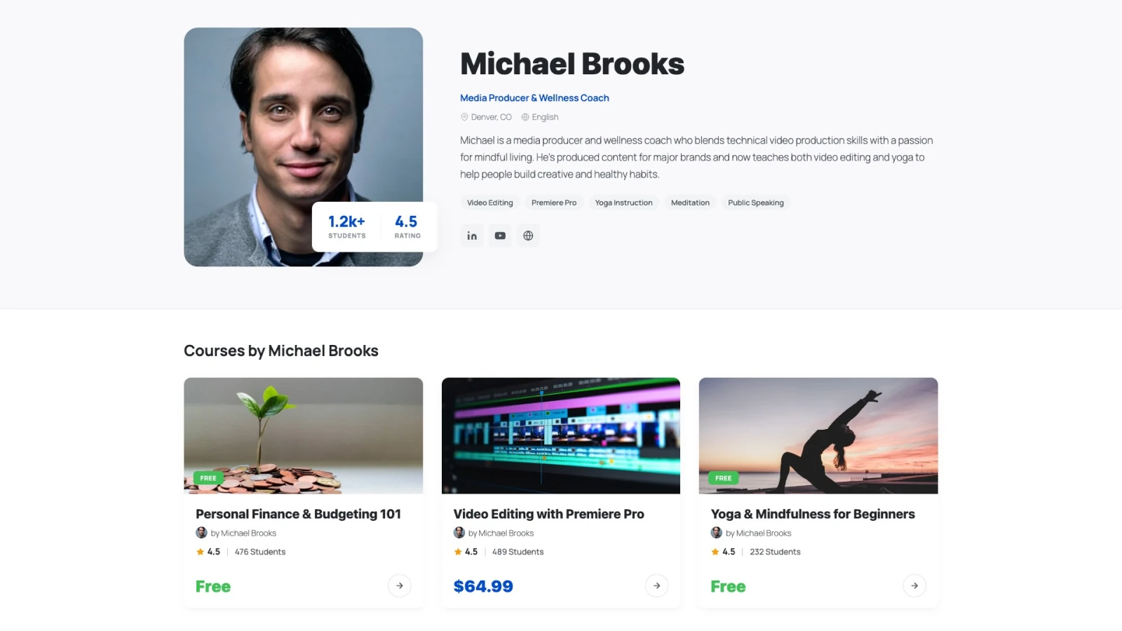 Public instructor profile with avatar, name, headline, location and language, bio, expertise tags, social link buttons, a student-count and rating badge, and a grid of the instructor's published courses