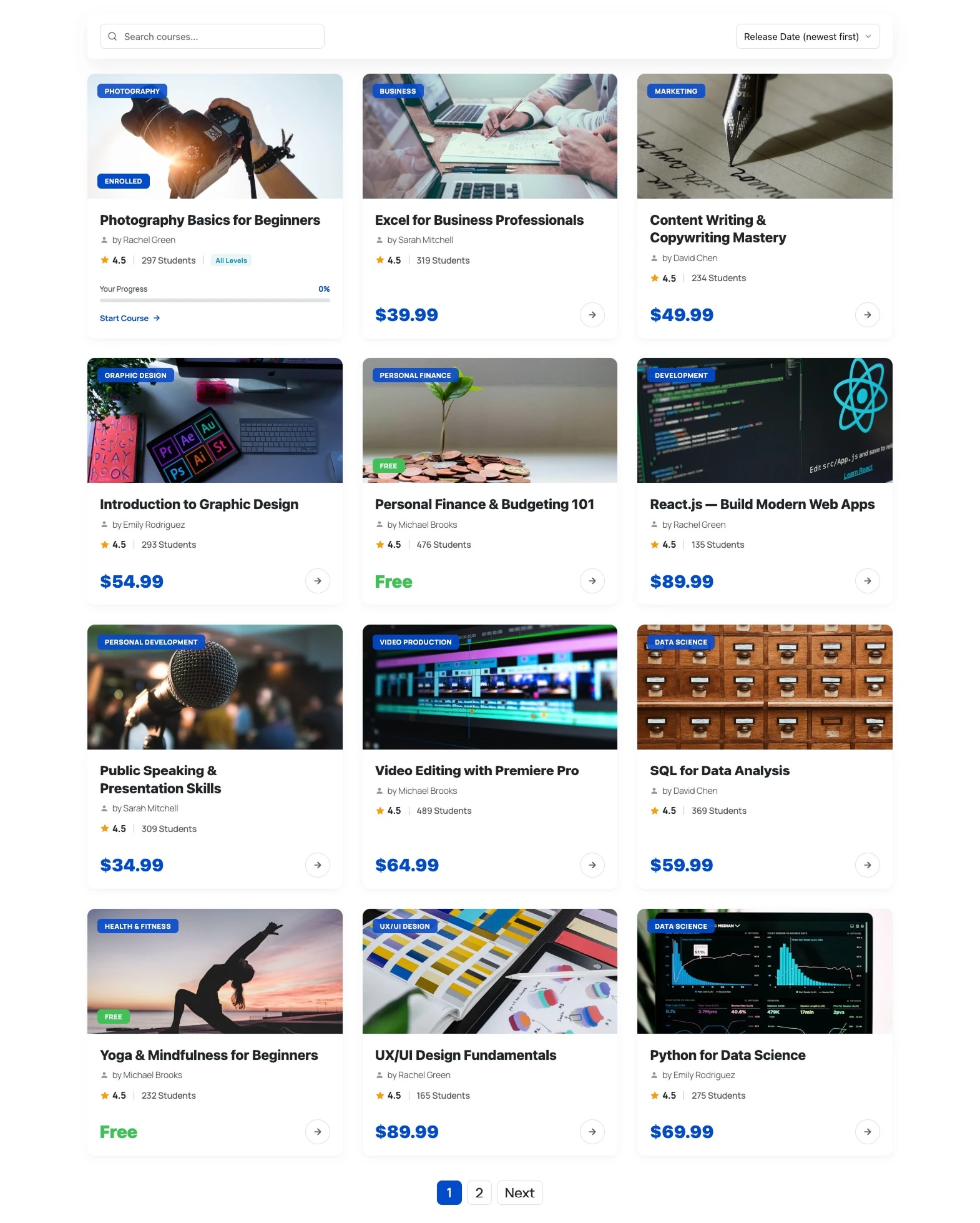 Course catalogue with filters